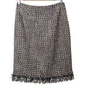 Heritage Core Rickie‎ Freeman for Teri Jon Skirt Preppy Tweed Boucle Fringe
